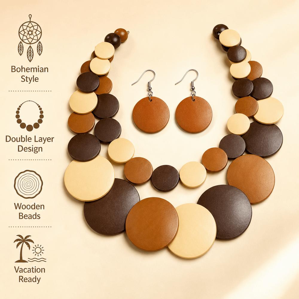 Bohemian Style Wooden Beaded Necklace Double Layer Pendant Necklace Summer Accessories