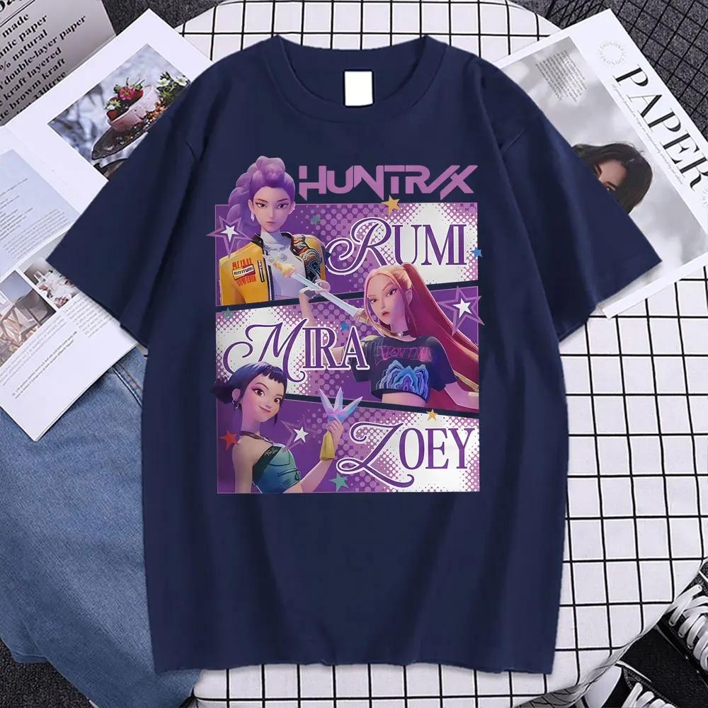 Модная K-pop футболка Охотники на демонов Huntrix Girl Rumi Zoey Mira Графическая футболка Мужская Женская 100% Хлопок Корейская уличная одежда Топ