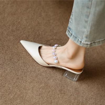 Женские тапочки и босоножки Мюли Шлепанцы с каблуком Туфли Кристаллы Rhenstone Лето 2024 Драгоценности Off White Острый нос Vip