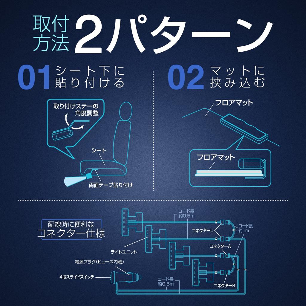 Seiwa F336 Автотовары, Светодиодная подсветка пола, 4 ряда, Переключение синего/белого цвета, Подсветка, Высокая яркость