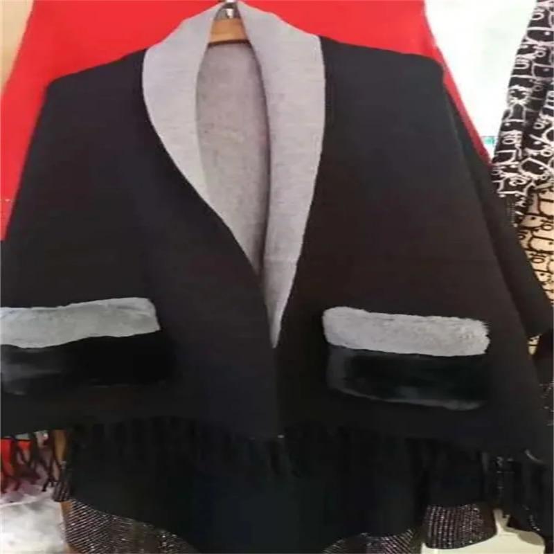 Зимнее пончо из искусственного кашемира, свободная уличная одежда, женская шаль с рукавами «летучая мышь», накидки с меховым карманом, женский вязаный плащ с кисточками оверсайз