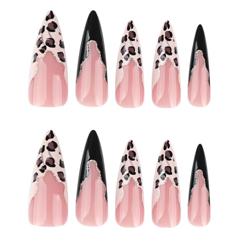24Pcs Leopard Print Press On Nail Long False Nail French Tip Glossy Artificial Nail Full Cover Stick on Nail