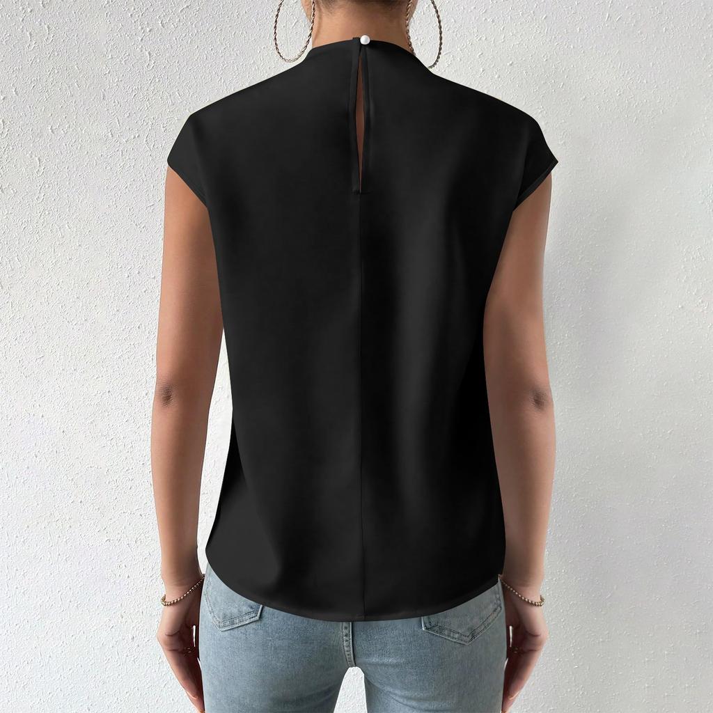 Женская повседневная элегантная атласная плиссированная рубашка с круглым вырезом, однотонный пуловер без рукавов, официальная рабочая рубашка, топ
