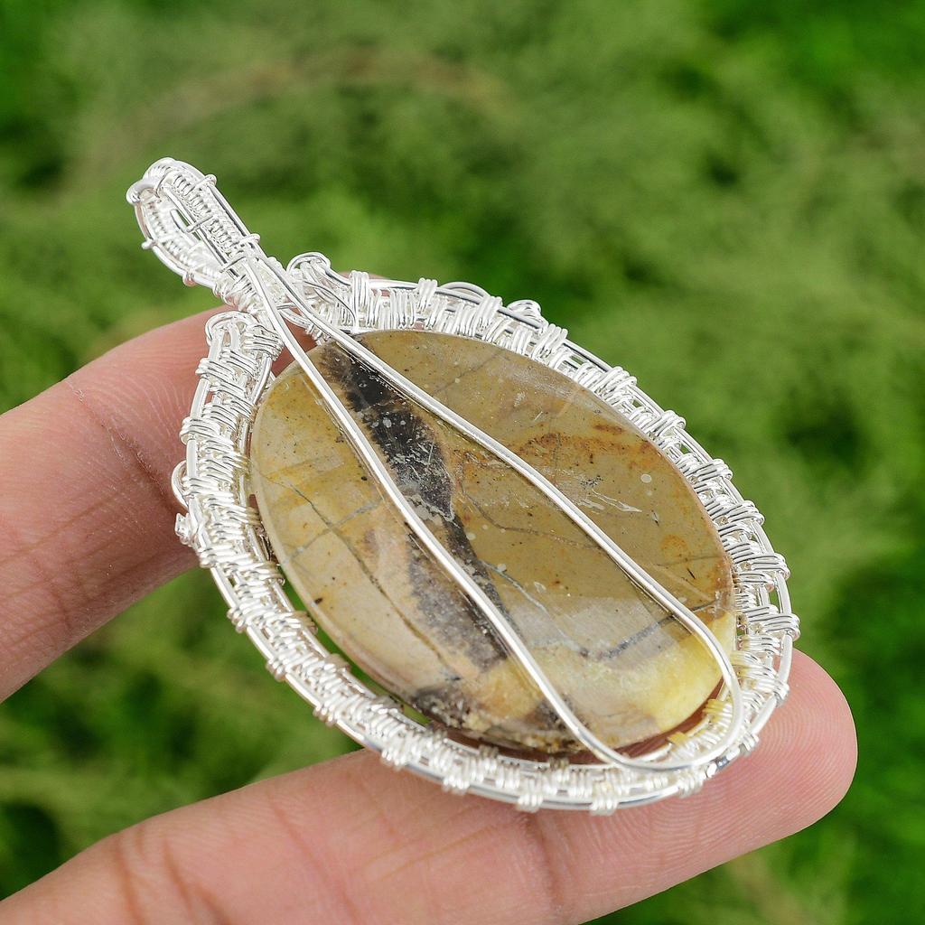Sterling Silver Septarian Stone Mother Ethnic Wire Wrapped Bezel Pendant Jewelry