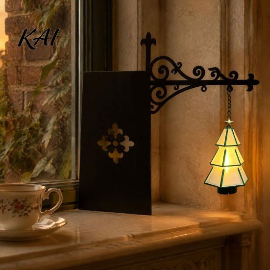 Decorative Christmas Lantern Tree Bookshelf Lantern, Vintage Iron Wall Hanging Decor, LED Warm Home Soft Furnishing Light Bookend Ornament, Rustic Art
