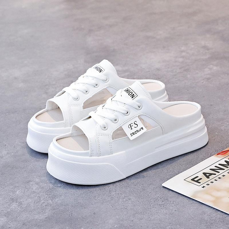 Women's Summer Half-toed White Casual Shoes Thick Soled Heightened Lazy Slip On Breathable Outdoor Sneakers