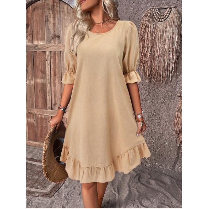 Solid Color Half Sleeve Dress, Casual Crew Neck Dress For Spring, Women's Clothing