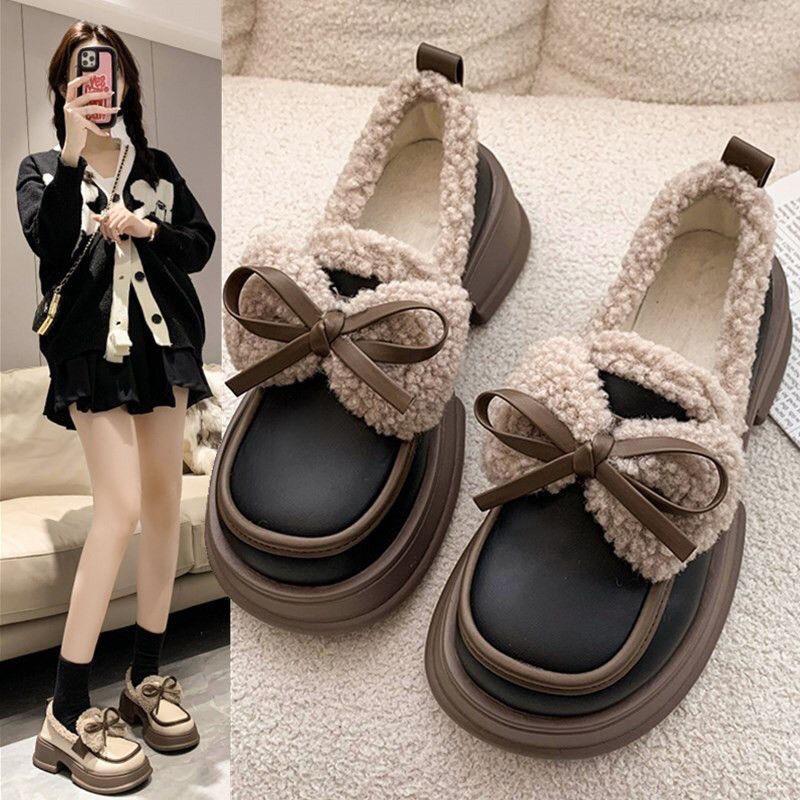 Internet Celebrity Small Leather Shoes Women's 2024 Winter New Platform Beanie Shoes Velvet Retro Bow Foreign Style Loafer Cotton Shoes