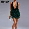 Women's Deep V Backless Spice Girl Wrap Hip Skirt Polyester Feather Dress with Glossy Pieces for Summer Women