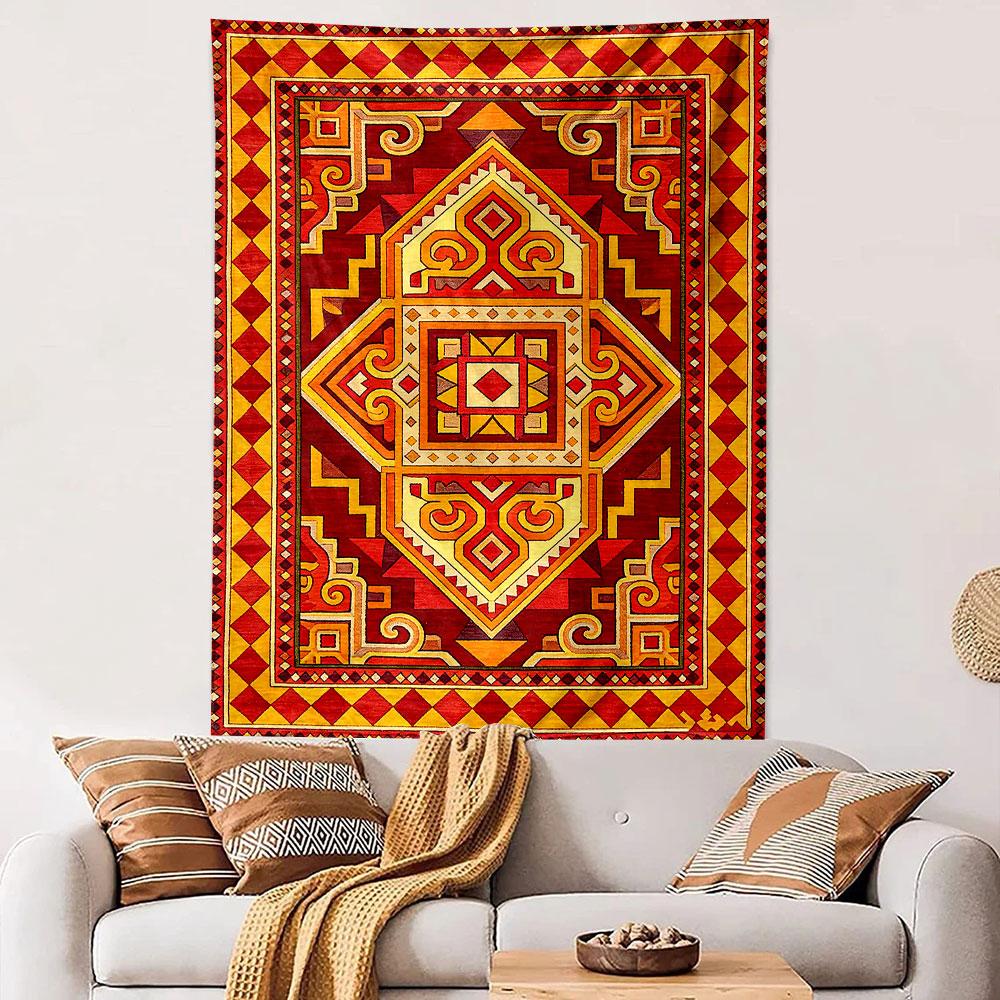 Red Orange Tribal Kilim Rug Geometric Medallion Wall Tapestry Vintage Ethnic Persian Pattern Decor for Living Room Bedroom Dorm