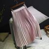 Женская длинная юбка, японская атласная плиссированная юбка с металлическим эффектом, трапециевидная юбка, высокая эластичная талия, средней длины