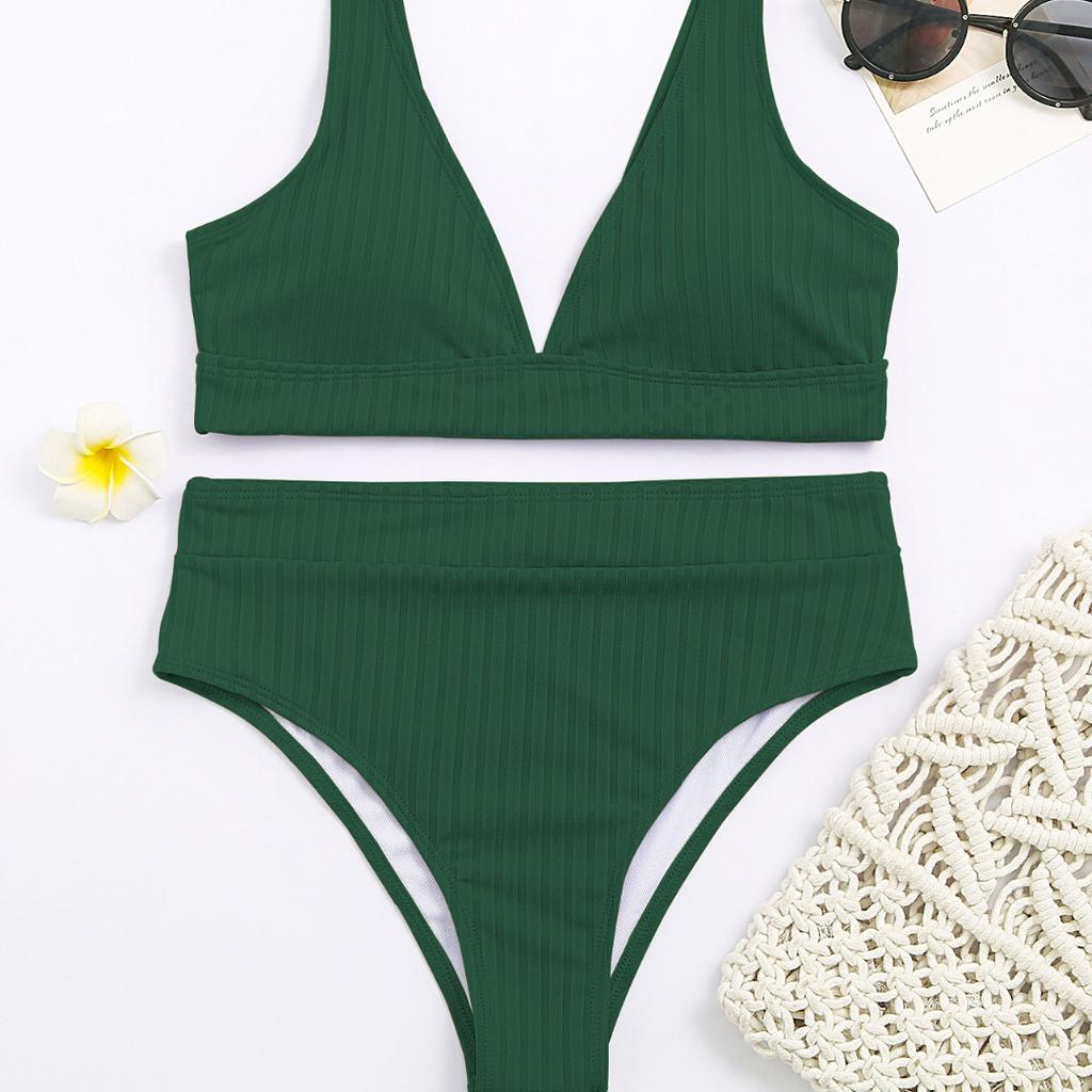 Women's Sexy V-neck Pit Striped Bikini High Waist Split Swimsuit 10 Colors