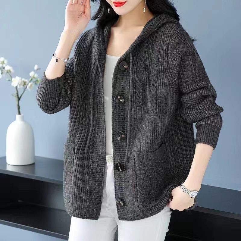 Thick Knitted Hooded Cardigan for Middle-aged and Elderly Women In Short Length