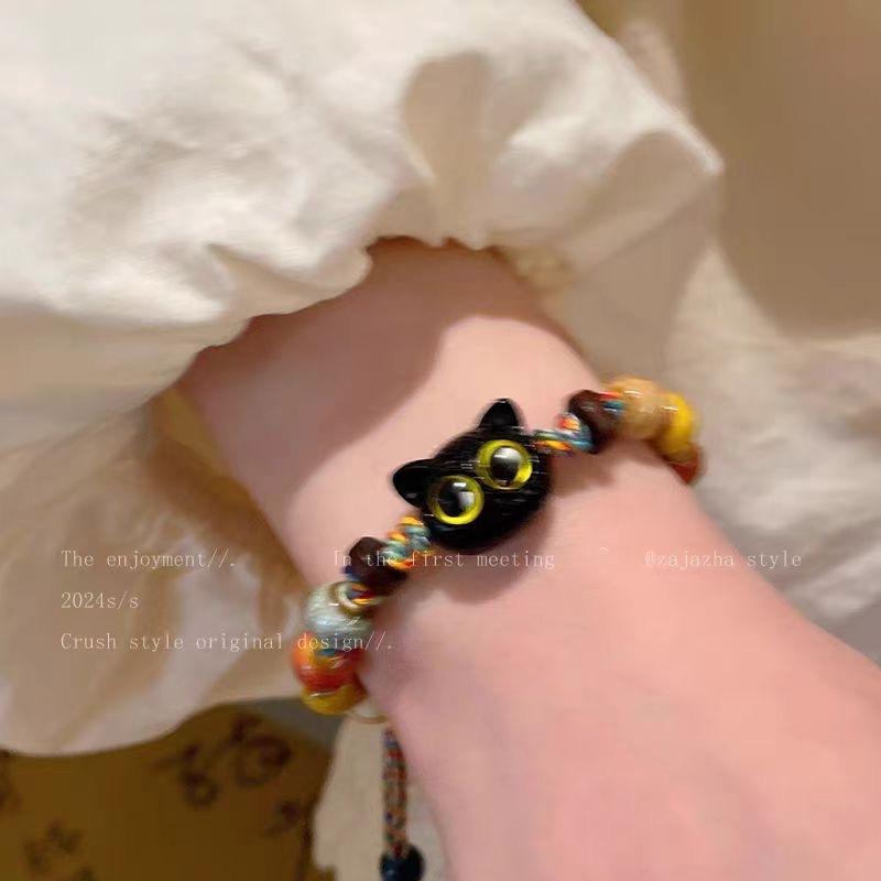 Браслет из плетеной веревки с витражным котом, нишевый браслет в ретро-стиле, высокого класса, персонализированный, украшение для студентов и пар