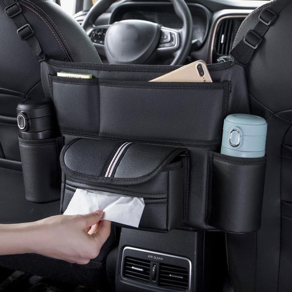 Leather Car Seat Middle Hanger Storage Bag Luxury Auto Handbag Holder Between Seats Tissue Water Cup Pockets Stowing