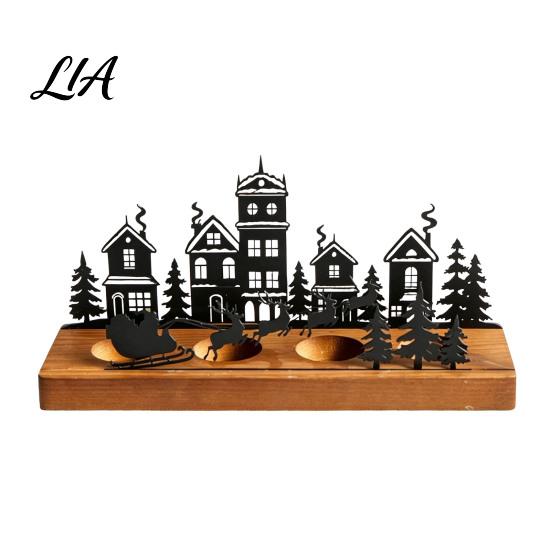 Elk Sleigh Candle Display Christmas Town Silhouette Holder, Wooden Tea Light Stand for Holiday Tabletop Decor Decoration, Metal Festive Fireplace and