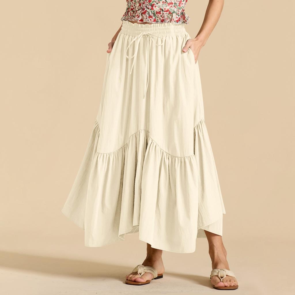 Женская модная однотонная юбка с высокой талией и эластичным поясом, с широкими карманами, в стиле ретро, с полудлинной юбкой