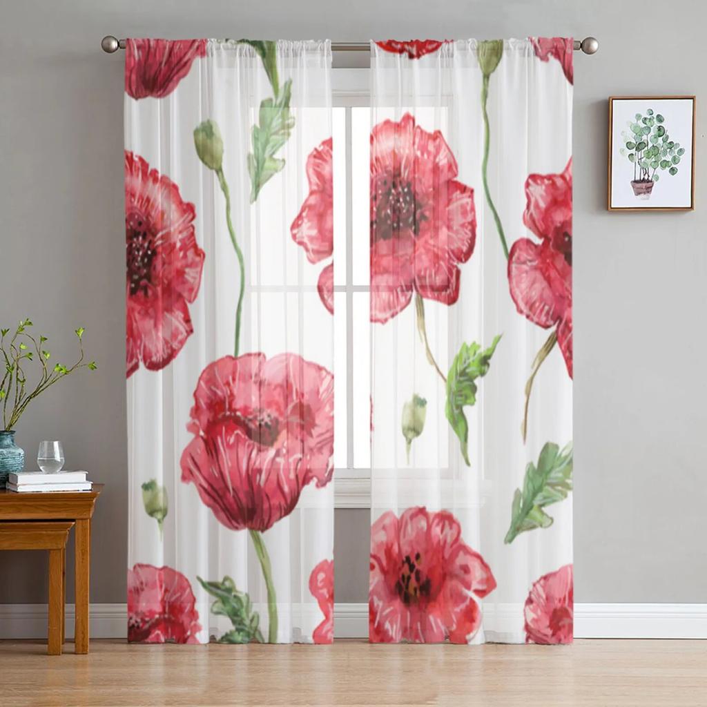 Poppies White Background Tulle Curtain For Living Room Sheer Valance Curtain For Kitchen Bedroom Window Drapes