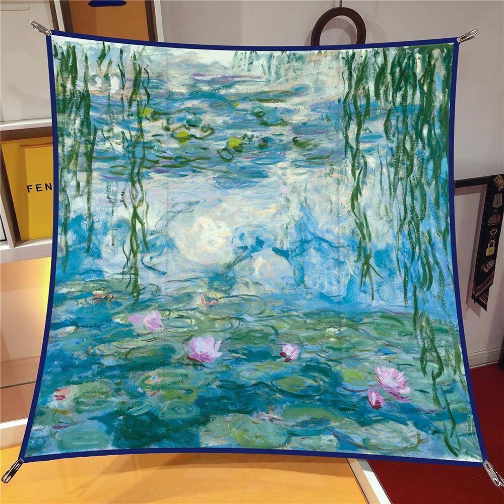 Silk Scarf Women Lotus Flower Print Square Scarves Head Echarpes Silk Foulards Femme Wraps Beach Shawls Bandana Lady Hijabs 90CM