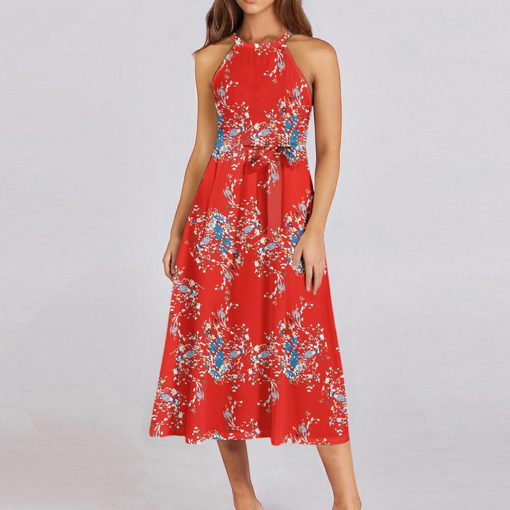 Женское повседневное платье миди с круглым вырезом, классическое, повседневное, без рукавов, свободное платье в стиле бохо с завязками, летний пляжный сарафан