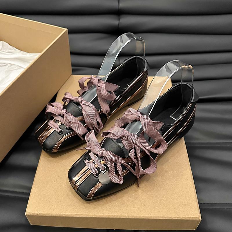 Fashion Women's Flat Shoes Autumn New Square Head Shallow Mouth Butterfly Knot Soft Sole Anti-slip Wear-resistant Single Shoes