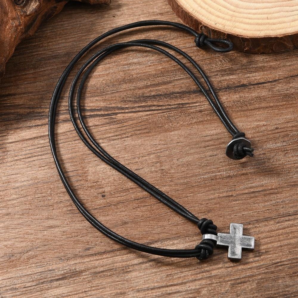 Handmade Craft Rope Leather Necklace Simple Braided Cross Necklace Cross Pendant Necklace  Gifts