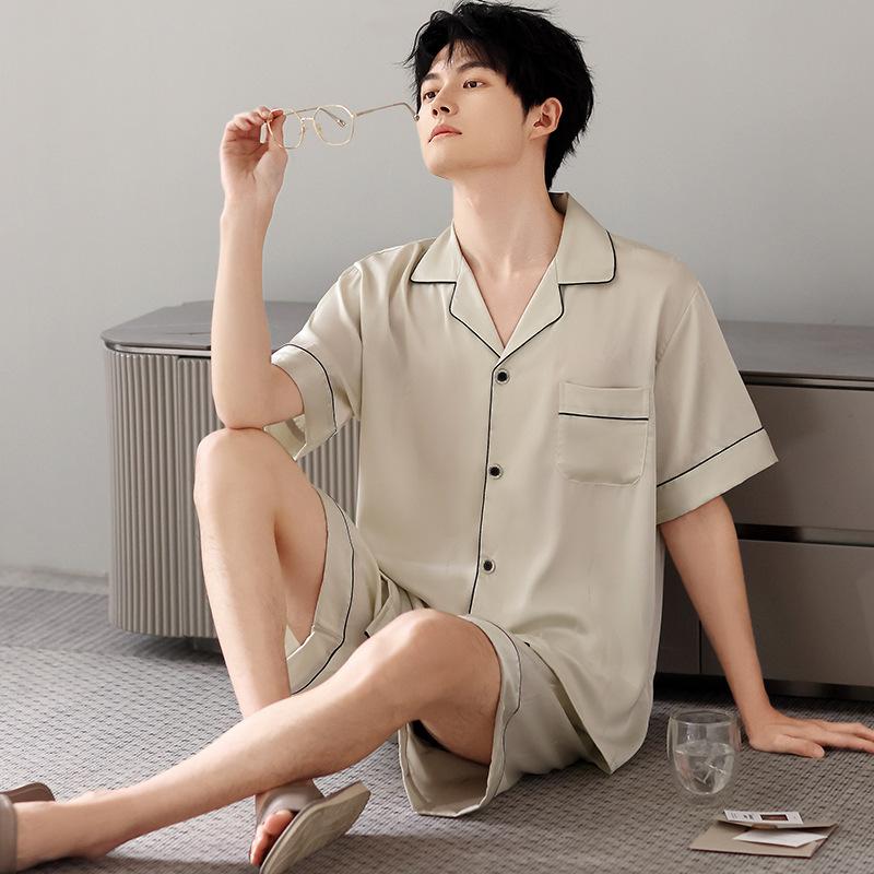 Men's ice silk pajamas short-sleeved shorts summer thin simple cardigan high-end simulation silk loungewear set