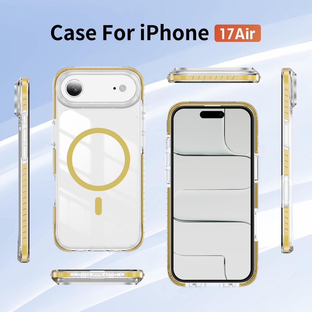 Чехол iPhone 17 Air Crystal Shield с цветной полосой, магнитным кольцом, защита от падения для iPhone 17 Pro