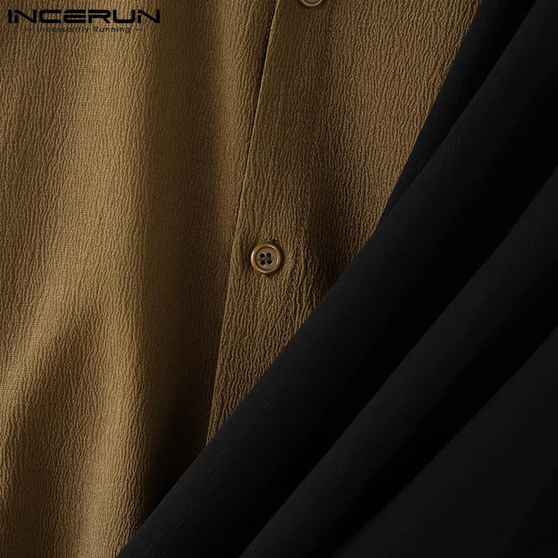 INCERUN Мужские рубашки с воротником-хомутиком и длинными рукавами спереди, повседневные топы в стиле пэчворк