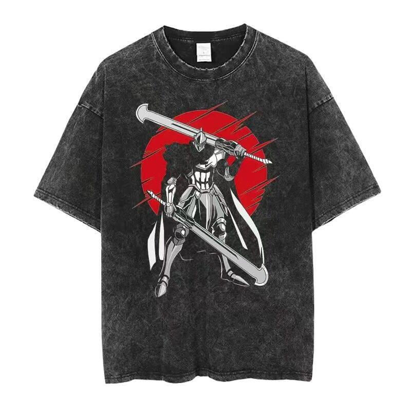 Y2k Harajuku Overlord Anime Washed T-Shirt - Men's and Women's Skull Printed Streetwear Short Sleeve