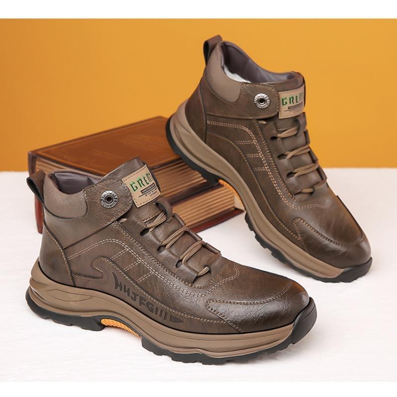 Кожаные походные туфли на меховой подкладке для мужчин. Нескользящие теплые кроссовки на флисовой подкладке. Мужские зимние высокие деловые ботинки. Рабочие ботильоны для мужчин.