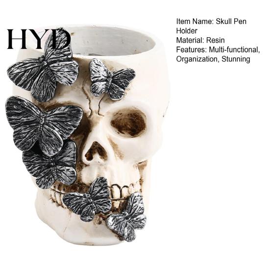 Multifunctional Skull Decor Gothic Butterfly Pen Holder, Spooky Resin Makeup Brush Holder Halloween Tea Light Candle for Desk, Shelf Planter And