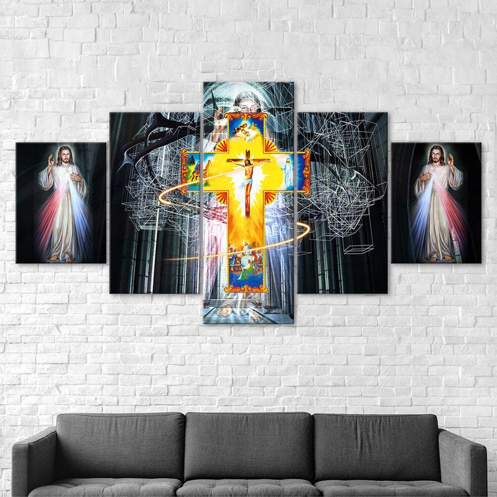 Jesus Christ Light And The Crucifixion 5 Piece Five Panel Wall Canvas Print Modern Art Poster Picture Home Decor Gift For Him For Her