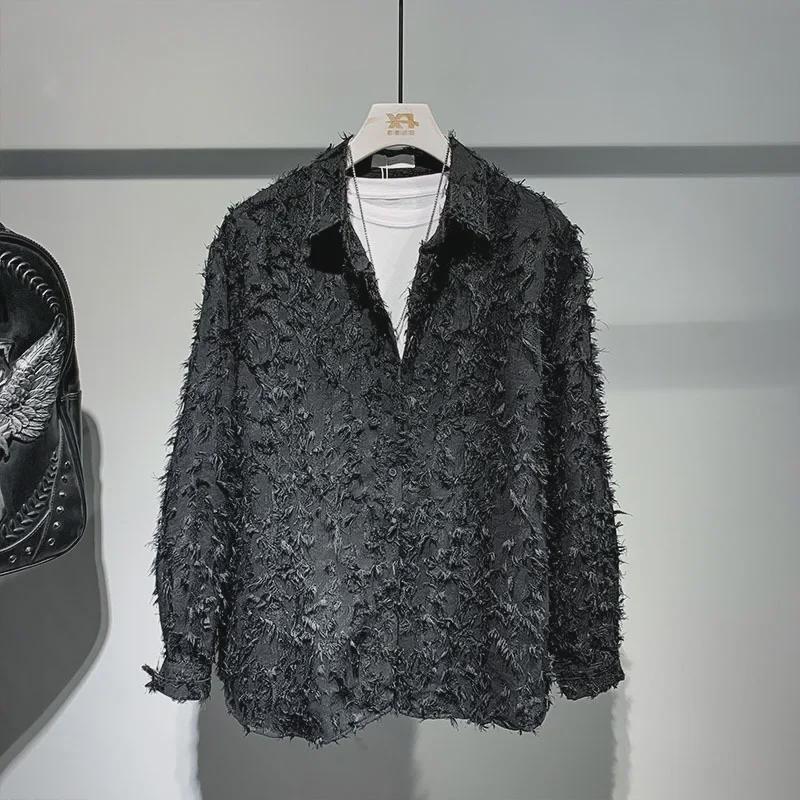 Летняя мужская рубашка с длинным рукавом и лацканами класса люкс 2024 года с меховой отделкой