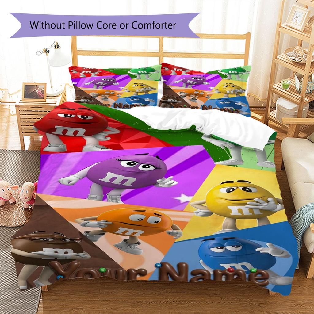 M&M's Custom Name Pattern Bedding,Quilt Set Quilt Cover Pillowcase Home Birthday Gift(1 * duvet cover + 2 * pillowcase, without core)