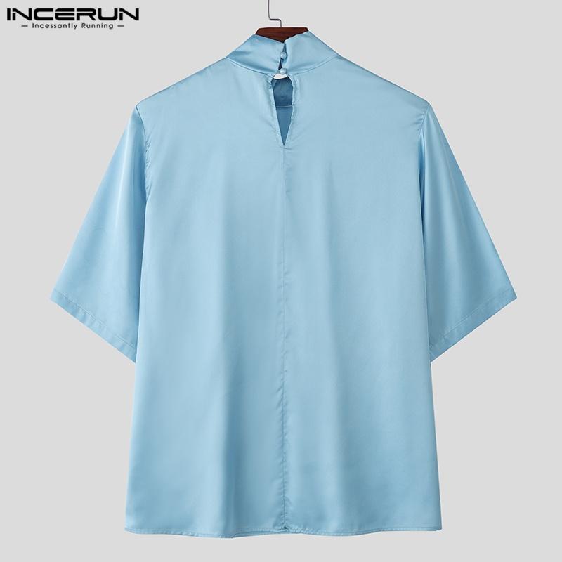 INCERUN Men Satnd Neck Short Sleeve Ireegular Layers Casual Satin T-shirts Tops