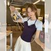 Женская летняя футболка с круглым вырезом и короткими рукавами, с уникальной кружевной отделкой, бантом-подтяжкой, вставками, имитирующая двухсекционный топ, с открытыми плечами