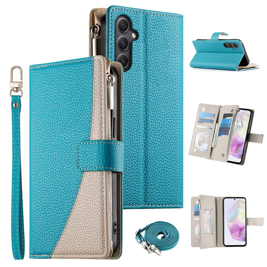 For Samsung Galaxy A35 5G Case Zipper Wallet Color Splicing Leather Flip Phone Cover with Straps