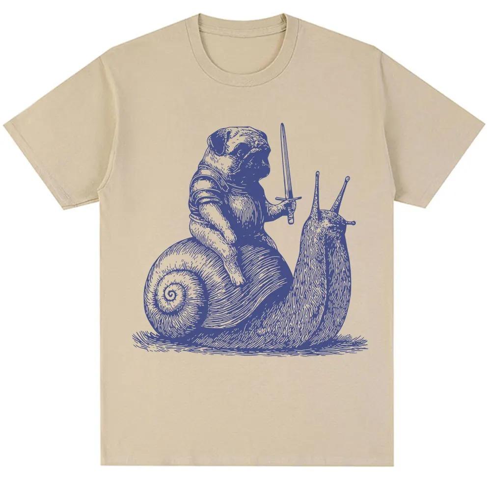 Funny Medieval Pug Knight Riding Snail Meme Graphic TShirt Unisex 90s Vintage Trendy Oversized 100 Cotton Casual Tshirts