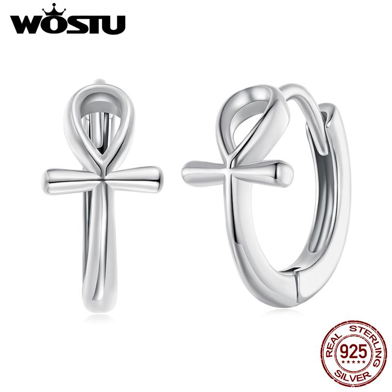 WOSTU Simple Ankh Cross Hoop Huggie Earrings For Women Solid 925 Sterling Silver Ankh Cross Ear Cuffs Family Lover Jewelry Gift