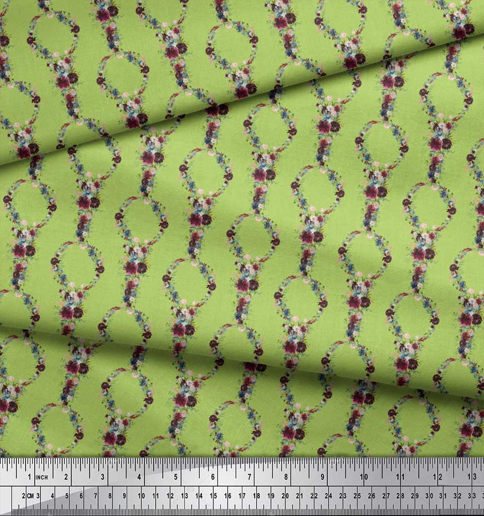 Soimoi Green Poly Crepe Fabric Damask Floral Print Fabric by metre 42 Inch