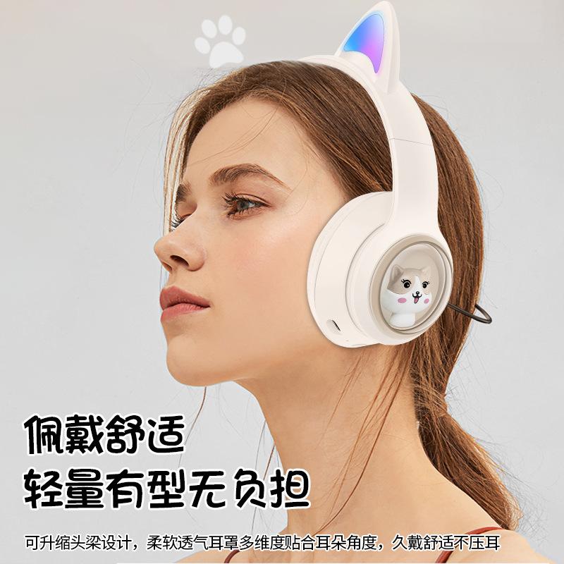 Bluetooth-гарнитура, съемный кабель, светящиеся кошачьи ушки, игровая, 5.3, беспроводная