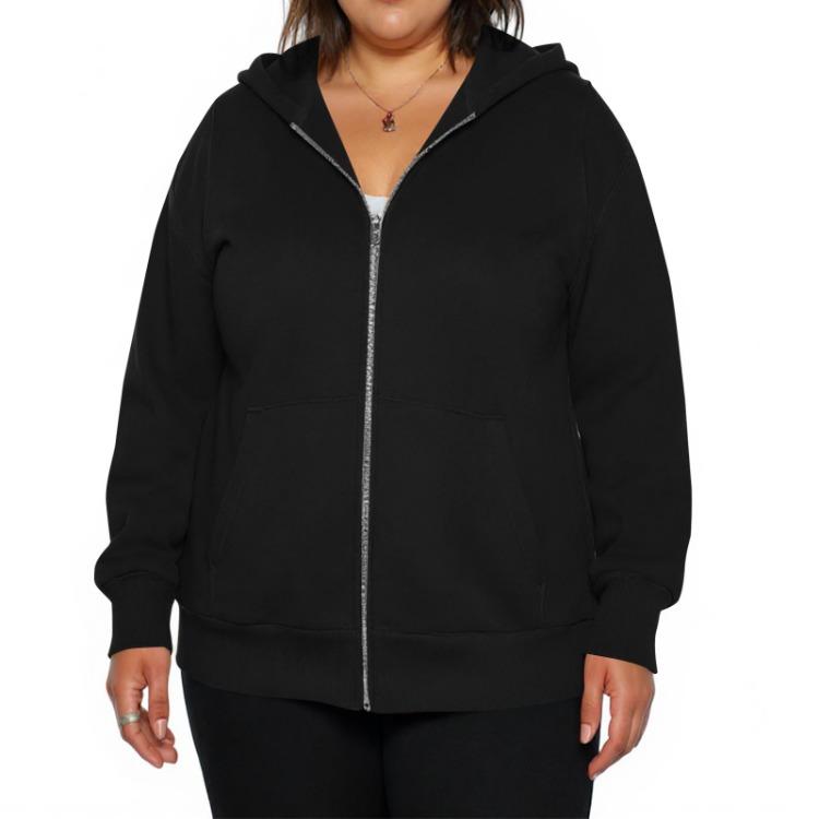 Plus Size Women Casual Hooded Jacket Long Sleeve Zipper Solid Color Fashion Outerwear
