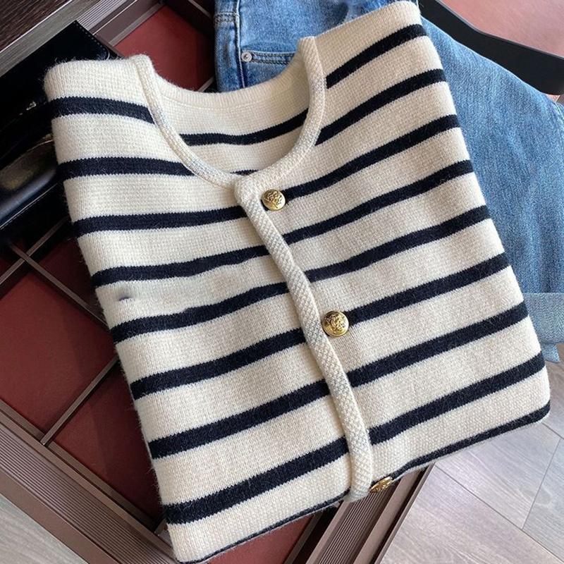 Корейский модный свитер, кардиган, белый, черный полосатый вязаный свитер, женский зимний короткий кардиган, женский кардиган с длинными рукавами