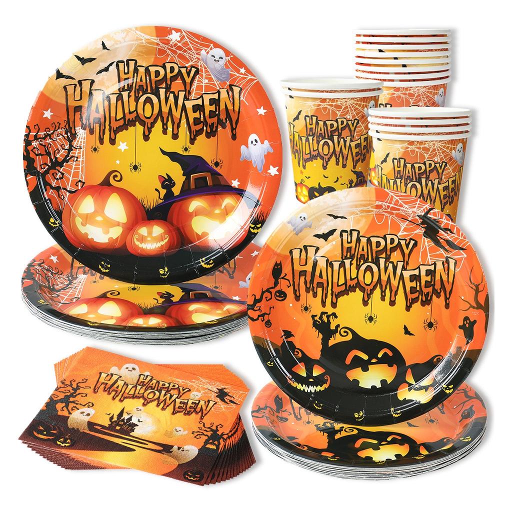 Halloween Disposable Party Tableware Sets Pumpkin Witch Paper Plate Cup Napkins Kids Favor Happy Halloween Party Decor Supplies