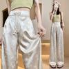 Chinese Style Folding Satin Jacquard Wide-leg Pants for Women In Spring and Summer New High-waisted Slimming Drooping Casual Floor Pants