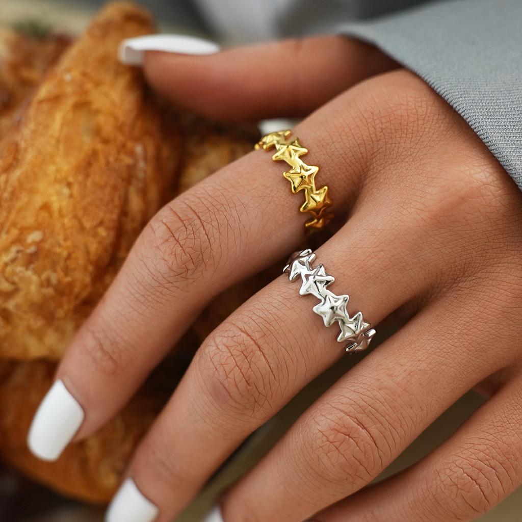 Stainless Steel Star Beaded Rings for Women Creative Opening Ring Two Tone Women Trendy Daily Casual Wear Jewelry No Fading
