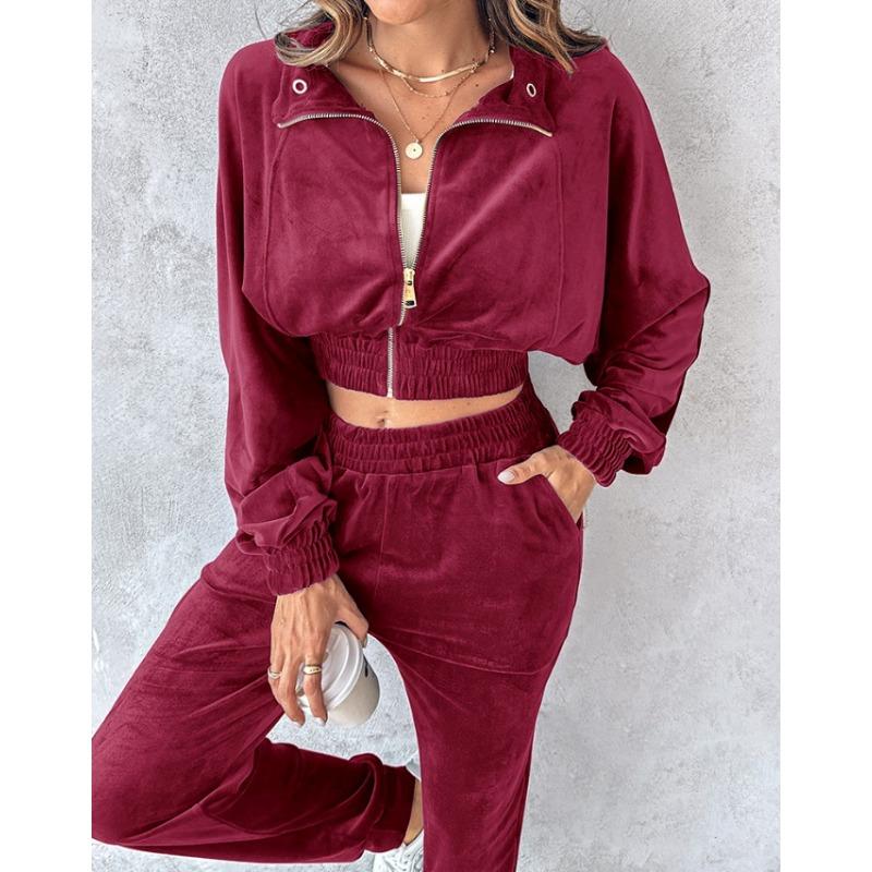 Women's Fall/winter Casual Zipper Button Velvet Suit
