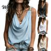Pleated Front Vest Blouse Women V-Neck Sleeveless Loose Fit Camisole with Slim Tank Tops Asymmetrical Collar Metallic Detail Ruffled Date Night