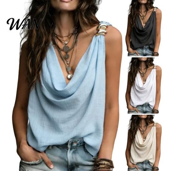 Pleated Front Vest Blouse Women V-Neck Sleeveless Loose Fit Camisole with Slim Tank Tops Asymmetrical Collar Metallic Detail Ruffled Date Night